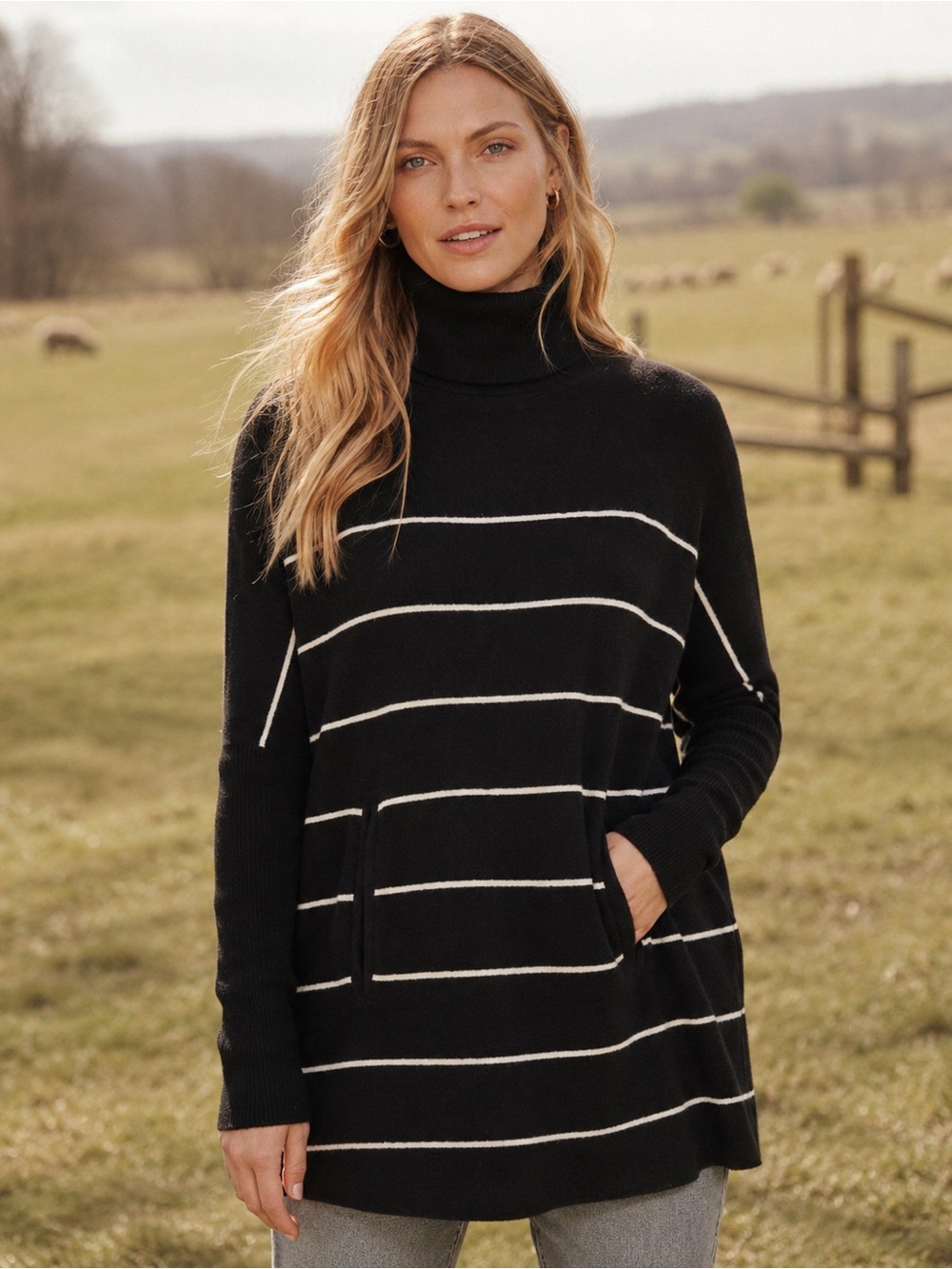 Garnet Hill Iconic Cashmere Wool Striped Turtleneck Sweater Tunic S Oversized